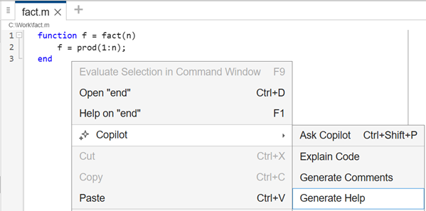 Function file in the Editor, with no help text. Below the function is a context menu with "Generate Help" selected.