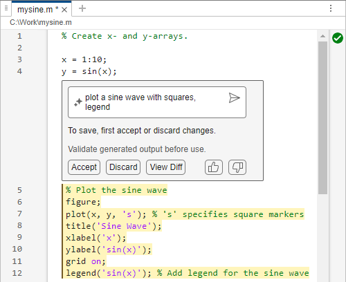 Code file in the Editor, showing code that calls the sin function and a MATLAB Copilot text box below it. The prompt "plot a sine wave with squares, legend" is visible in the text box and the generated code to plot a sine wave with these modifications is highlighted below the text box. The text box has Accept, Discard, View Diff, thumbs up, and thumbs down buttons.