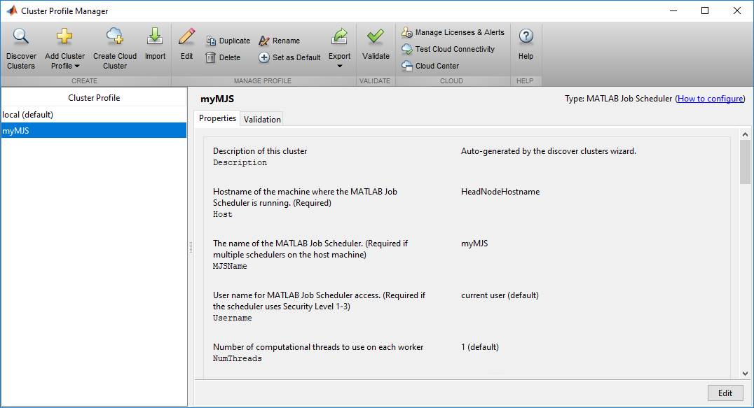 Cluster Profile Manager shows the MJS cluster myMJS and its properties