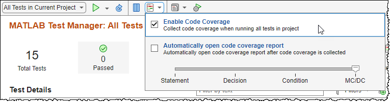 Enable Coverage is selected in the MATLAB Test Manager.
