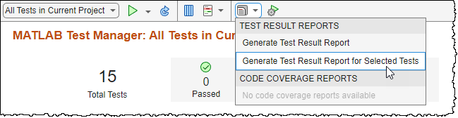 The mouse points to the Generate Test Result Report for Selected Tests menu option.