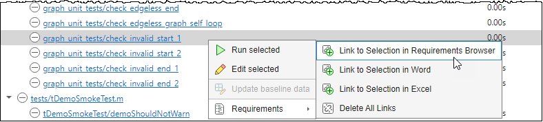 A function declaration line for a test is selected in the MATLAB editor.