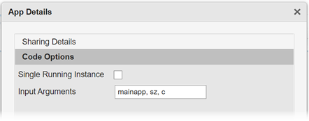 App Input Arguments dialog box. An edit field for specifying input arguments to the startupFcn callback contains the variable names "caller", "sz", and "c".