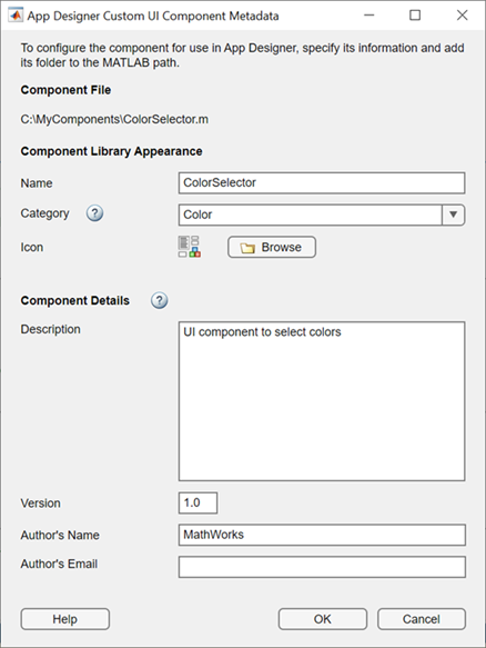 App Designer Custom UI Component Metadata dialog box for the ColorSelector component with the Category and Author's Name fields edited