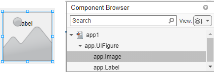 An image component on top of a label, and the Component Browser display, where the image is listed above the label.