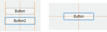 On the left, two buttons aligned vertically, with the alignment indicated by parallel lines. On the right, a button centered in its parent, with the alignment indicated by perpendicular dotted lines.