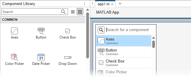 Part of the App Designer window. The quick insert menu is visible over the app canvas, and the Component Library appears to the left of the canvas. The quick insert menu and Component Library both list common components, such as the Axes, Button, and Check Box components.