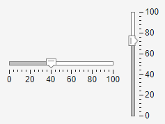 Two slider components, both with limits ranging from zero to 100. The slider on the left is in a horizontal orientation. Its value is set to 40. The slider on the right is in a vertical orientation and its value is set to 75.