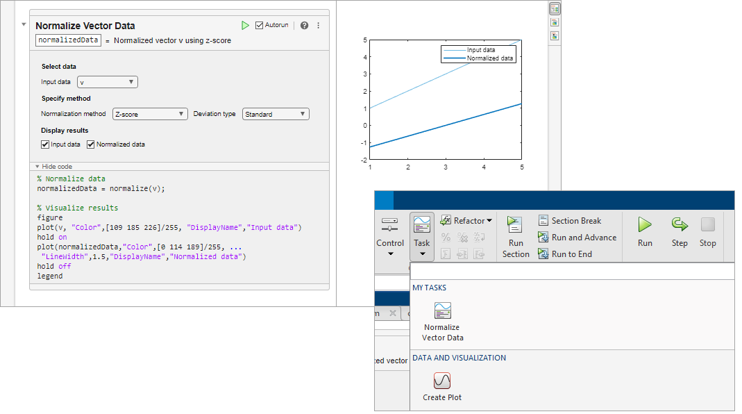 Normalize Vector Data Live Editor task in a live script with generated code, and the Live Editor task gallery with the Normalize Vector Data task in the "My Tasks" section