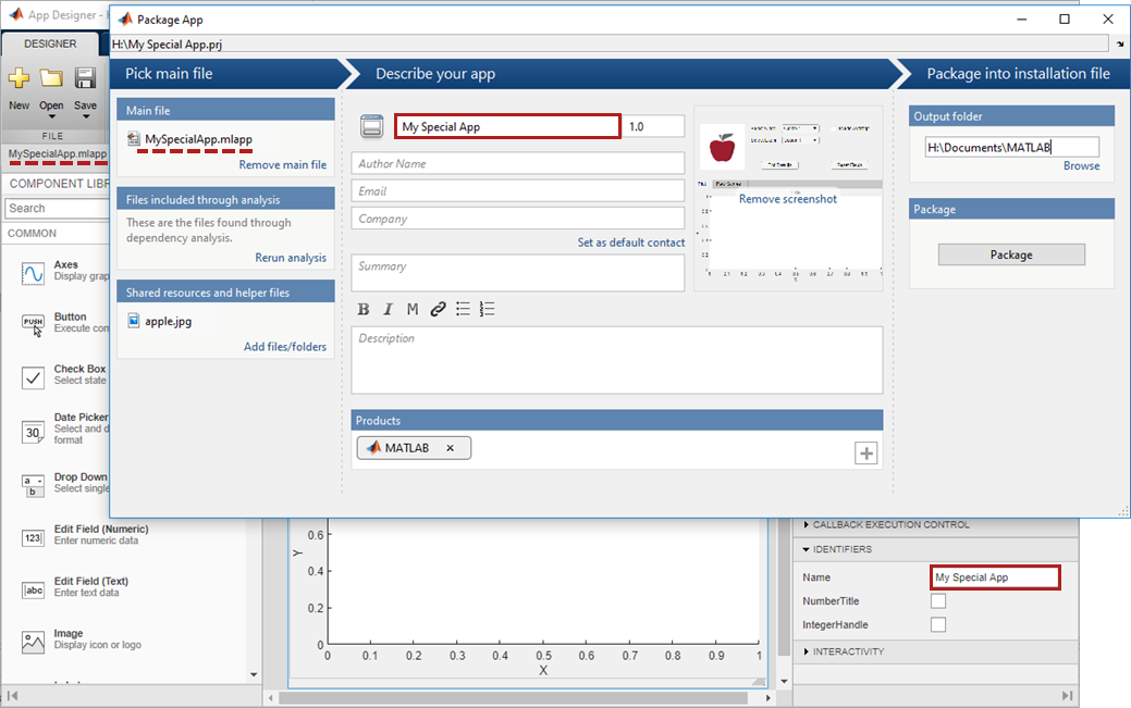 Package App dialog box. The main file, shared resources and helper files, app name, and output folder are populated from the MLAPP file.