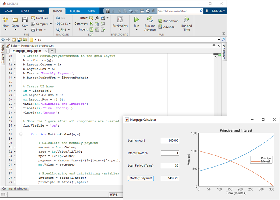 Code for a mortgage calculator app in the MATLAB Editor, and a UI figure window with the running app