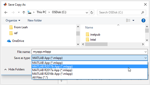 Save Copy As dialog box. The "Save as type" drop-down list is expanded and has these options: MATLAB App, MATLAB R2017b App, MATLAB R2017a App, MATLAB R2016b App, and All Files.