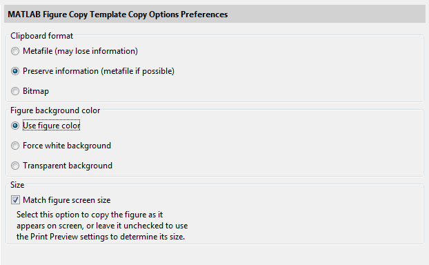 Copy Options window containing three Clipboard format options, three Figure background color options, and a check box to match the figure screen size