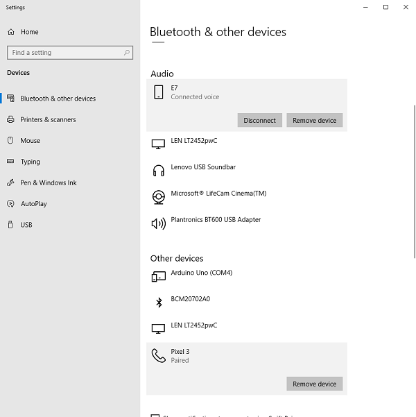 Windows Bluetooth settings window