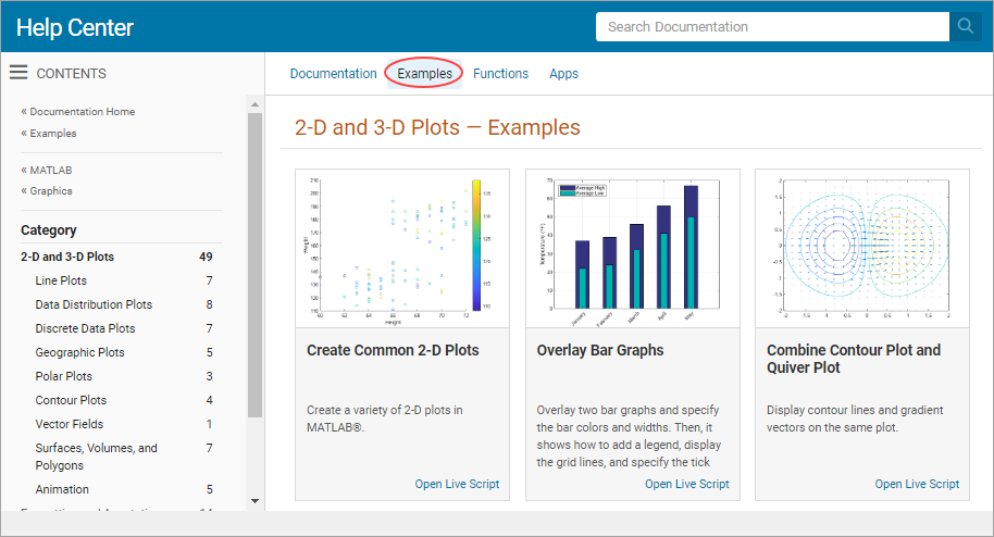 Help browser showing the first three MATLAB Graphics 2-D and 3-D Plots examples. The Examples filter at the top of the page is circled.