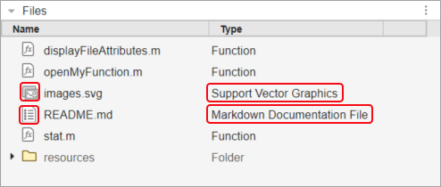 Files panel with updated icons and labels for the images.svg and README.md files