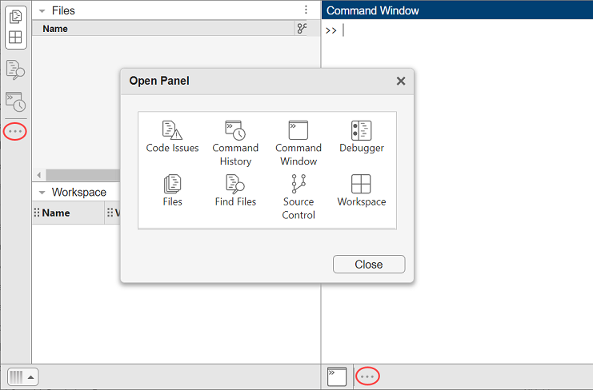 MATLAB Online desktop with the Open more panels buttons circled in the left and bottom sidebars. The Open Panel dialog box shows the available tools.