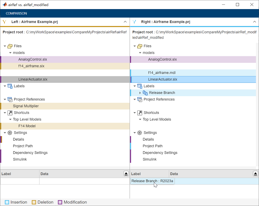 Project definition file comparison