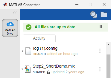 Activity tab of MATLAB Connector, with shared files indicated by the word SHARED and read-only files indicated with a padlock icon