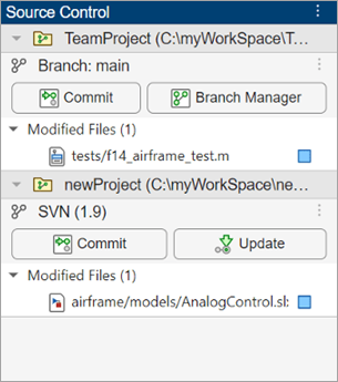 Source Control panel showing two repositories. The first repository is under Git source control and the second is under SVN source control.