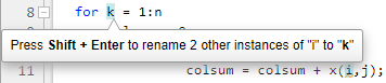 Automatic variable and function renaming tooltip prompting you to press Shift+Enter to rename all instances of a variable