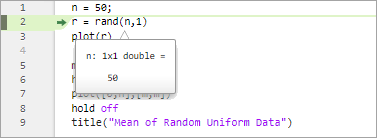 plotRand script paused at line two with a data tip showing the value of the variable n