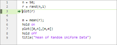 plotRand script with a green arrow and green highlighting on line three, indicating that MATLAB is paused at line three