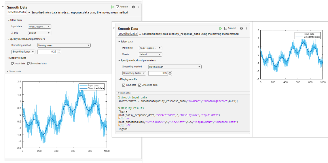 Two views of the Smooth Data task. The first view shows the task with output inline and the generated code hidden. The second view shows the task with output on the right and the generated code visible.