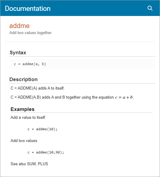 addme live function documentation with formatted help text, including a formatted equation, a heading, and code examples