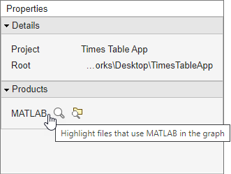 Product section of the Properties panel on the right. Point and click the magnifying glass next to the product name to highlight files that use a product.