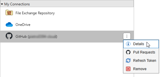 My connections panel showing how to access the details of an existing GitHub connection.