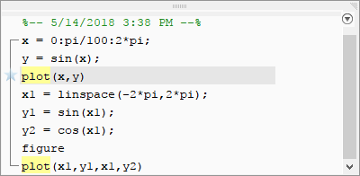 Command History showing a list of previously run commands and two instances of the word plot highlighted in yellow. The first instance of plot is selected.