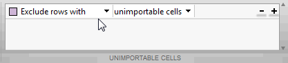 Import Tool setting for text data import. Rows with unimportable cells are highlighted in purple and are excluded from the import.