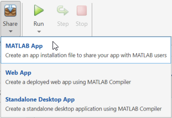 Share button drop-down list. The options in the list are MATLAB App, Web App, and Standalone Desktop App.