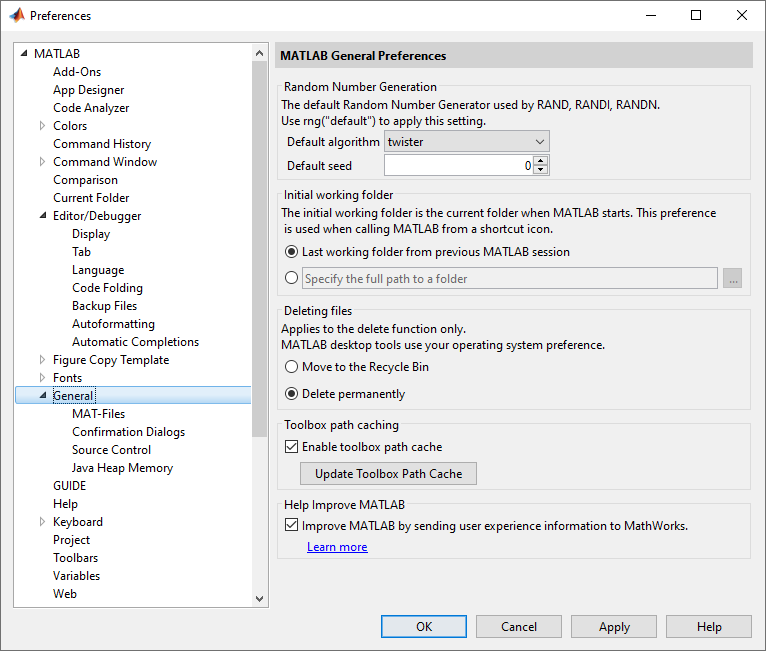 Preference window displaying the MATLAB General Preferences page