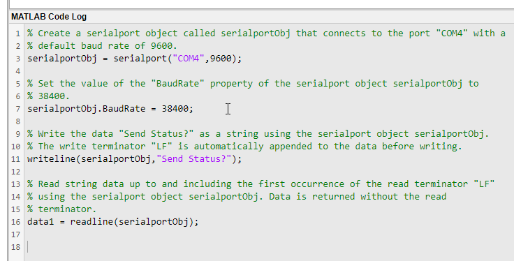 Serial Explorer app MATLAB Code Log pane.