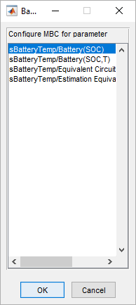 A list of the battery blocks available in a model that can be calibrated. The list shows four blocks, each with a different name.