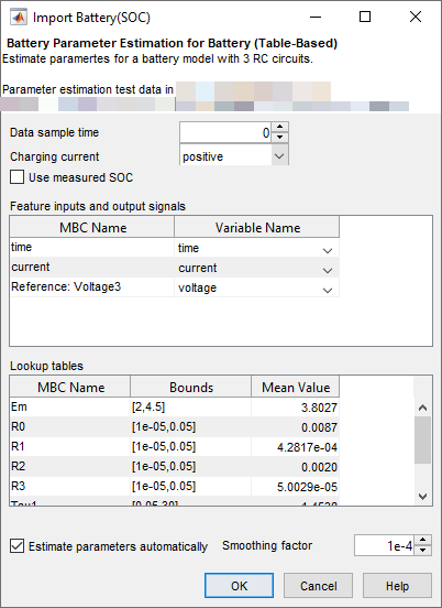 The Import window. It displays the bounds for the lookup tables and the parameters.