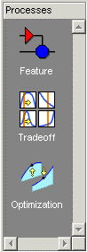 Vertical toolbar labeled ‘Processes’ with three icons for Feature, Tradeoff, and Optimization.