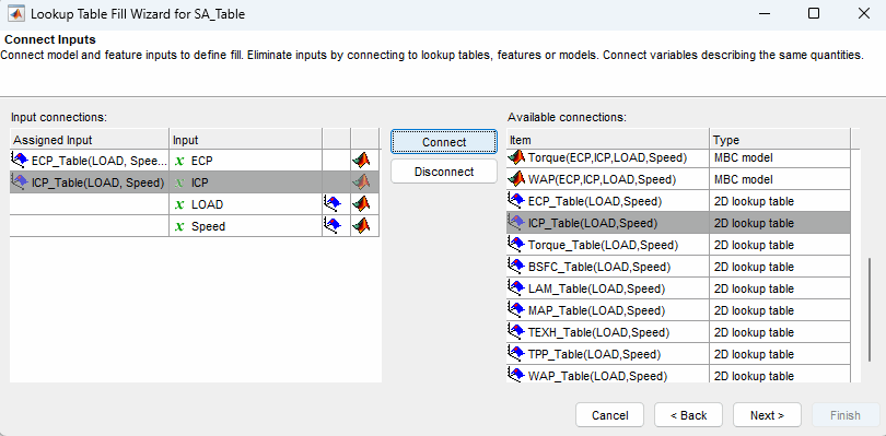 Connect Inputs view in the Lookup table fill wizard.