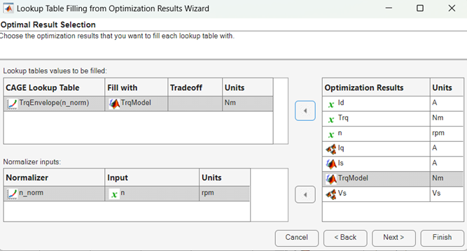 Lookup Table Fill Wizard select optimization results