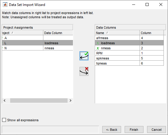 Data set import wizard with L and loadmeas selected.