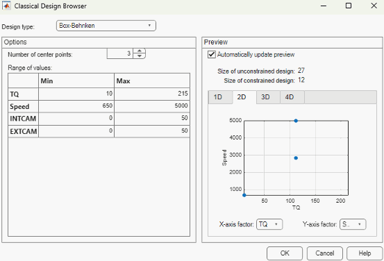 Classical Design Browser dialog box with Box-Behnken selected as the design type.