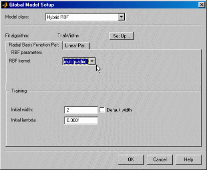 Global Model Setup window for Hybrid RBF with options for fit algorithm, RBF kernel selection, and training parameters like width and lambda.