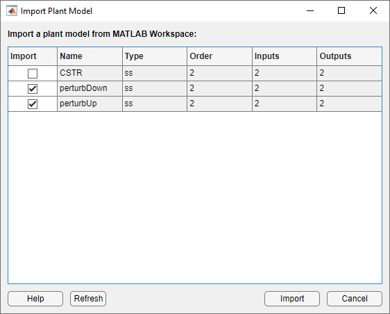 Import Plant Model dialog box, showing three plants in the MATLAB workspace. The plants "perturbDown" and "perturbUp" are selected.