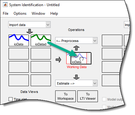Upper left section of the System Identification app, showing ioDatad being dragged into the Working Data section.