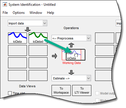 Upper left section of the System Identification app, showing ioDatad being dragged into the Working Data section.