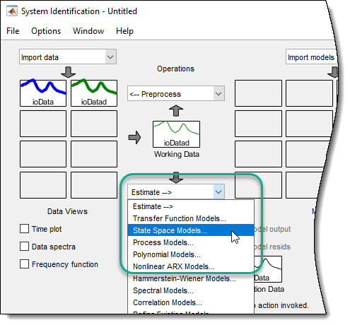 Left section of the System Identification app, showing State Space Models being selected.