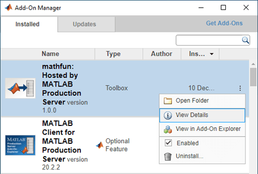 Screen shot of Add-On Manager listing the mathfun add-on.