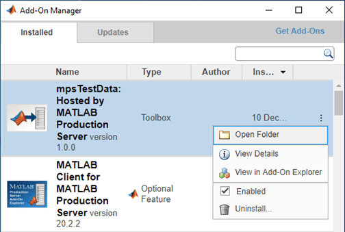 MATLAB Add-On Manager showing the newly installed mpsTestData add-on
